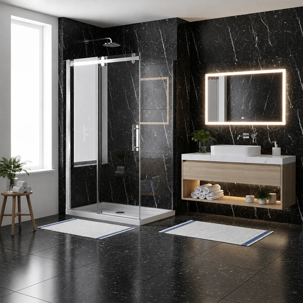 Série Grand ensemble de douche chrome (porte coulissante, panneau latéral et base)