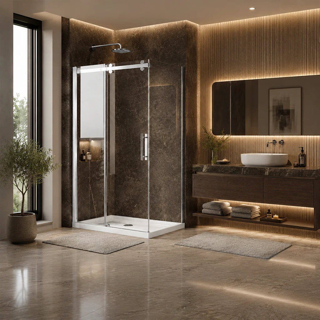 Série Grand ensemble de douche chrome (porte coulissante, panneau latéral et base)