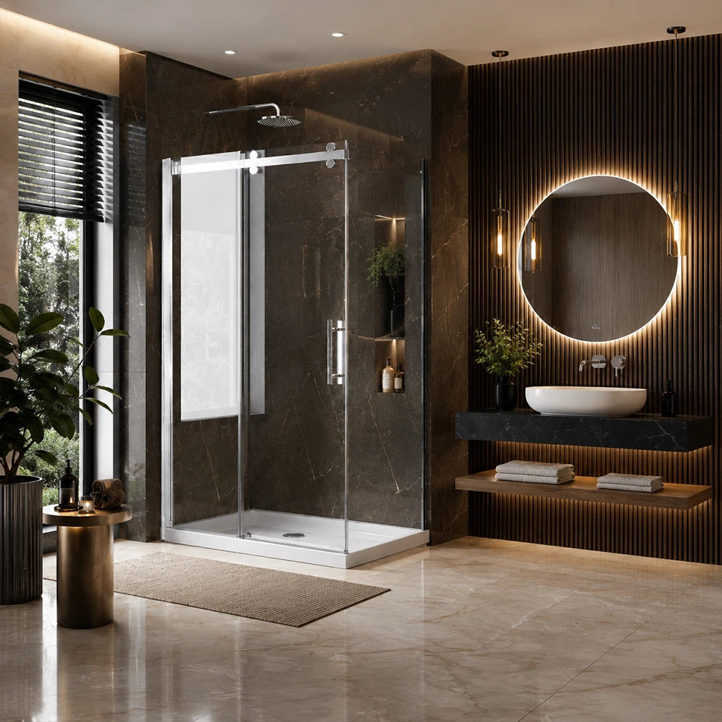 Série Grand ensemble de douche chrome (porte coulissante, panneau latéral et base)