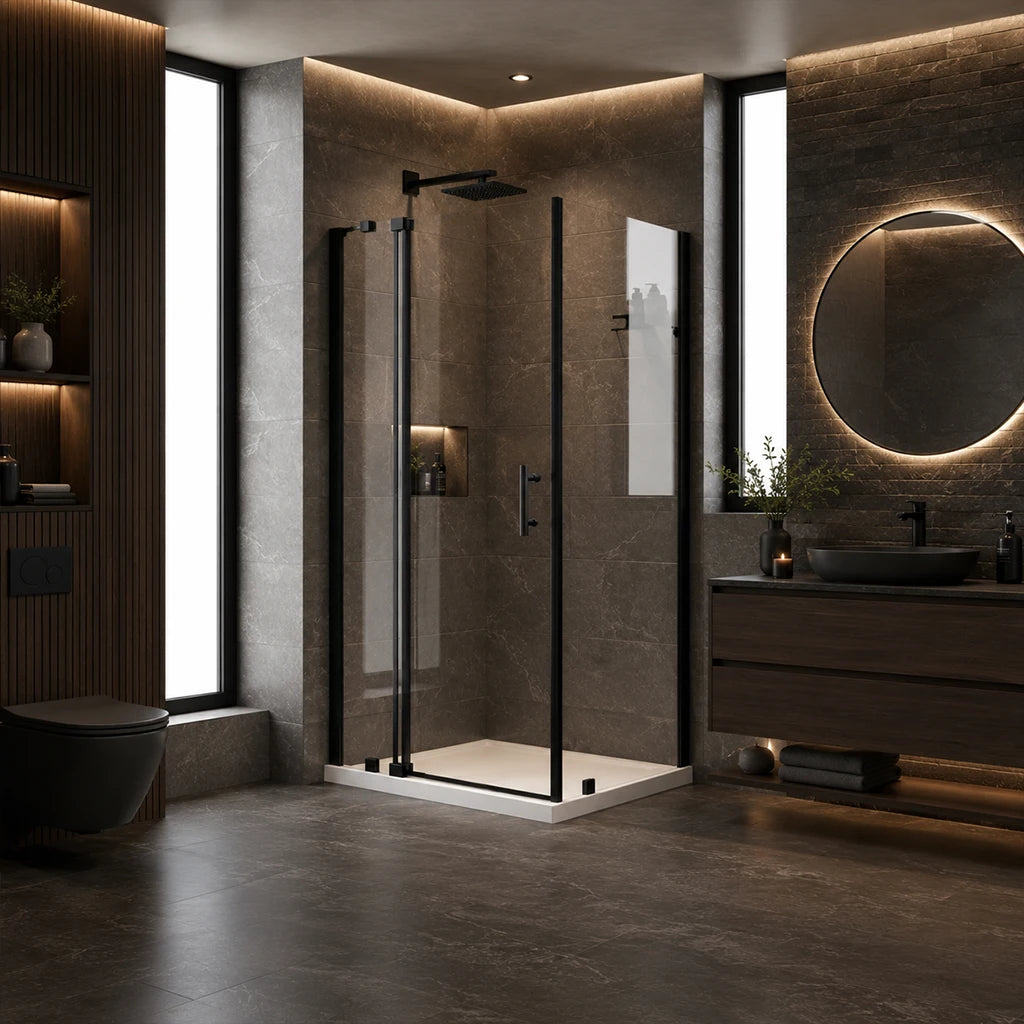 Série Hunlen ensemble de douche noir (ouverture extérieure, base et porte avec panneau latéral)