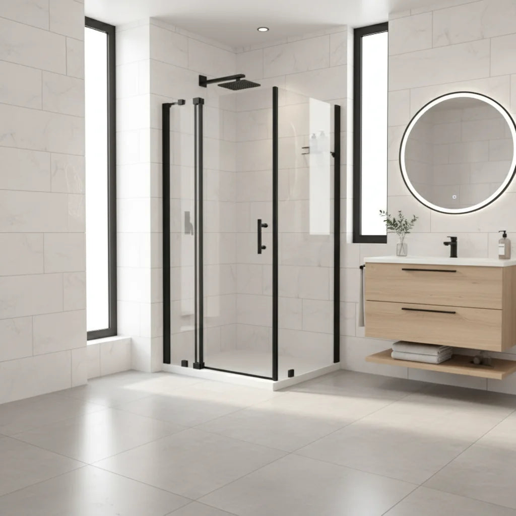 Série Hunlen ensemble de douche noir (ouverture extérieure, base et porte avec panneau latéral)