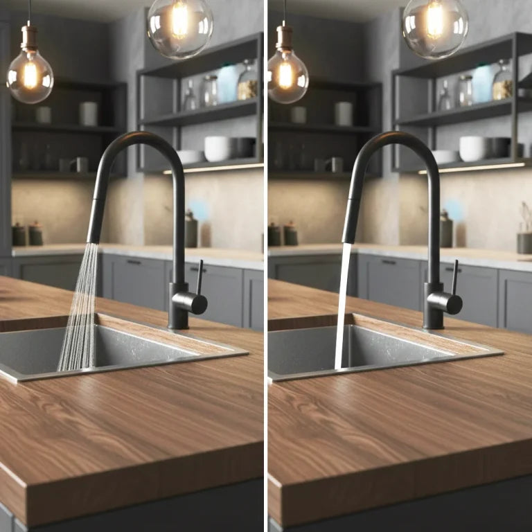 Robinet de cuisine Laforge noir mat avec bec arqué rétractable 2 jets