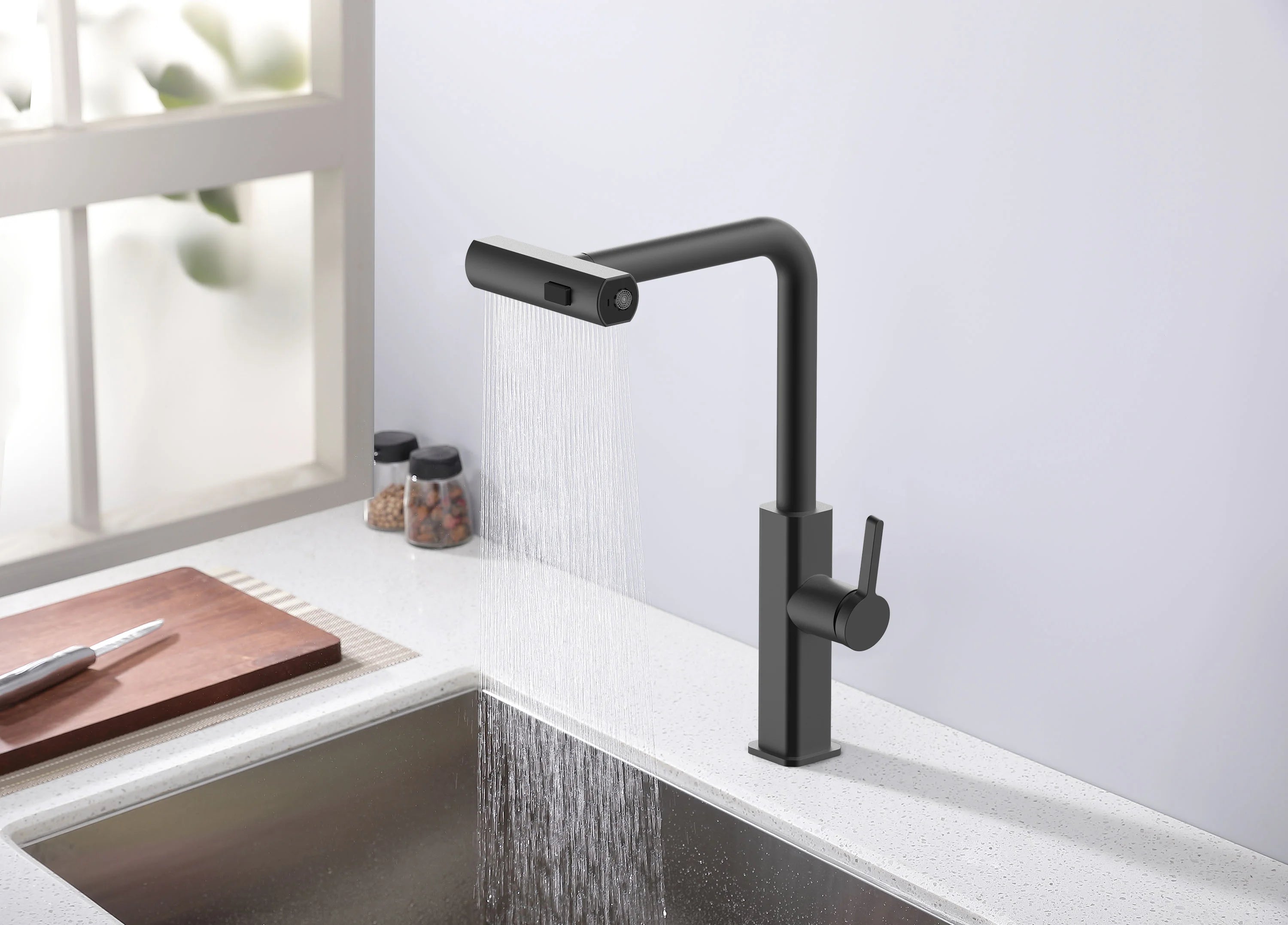 Robinet de cuisine Louvart avec bec pivotable et rétractable 3 jets
