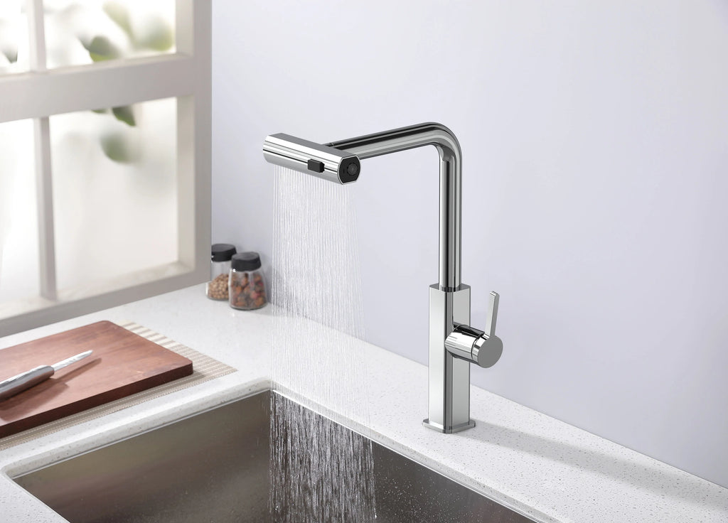 Robinet de cuisine Louvart avec bec pivotable et rétractable 3 jets