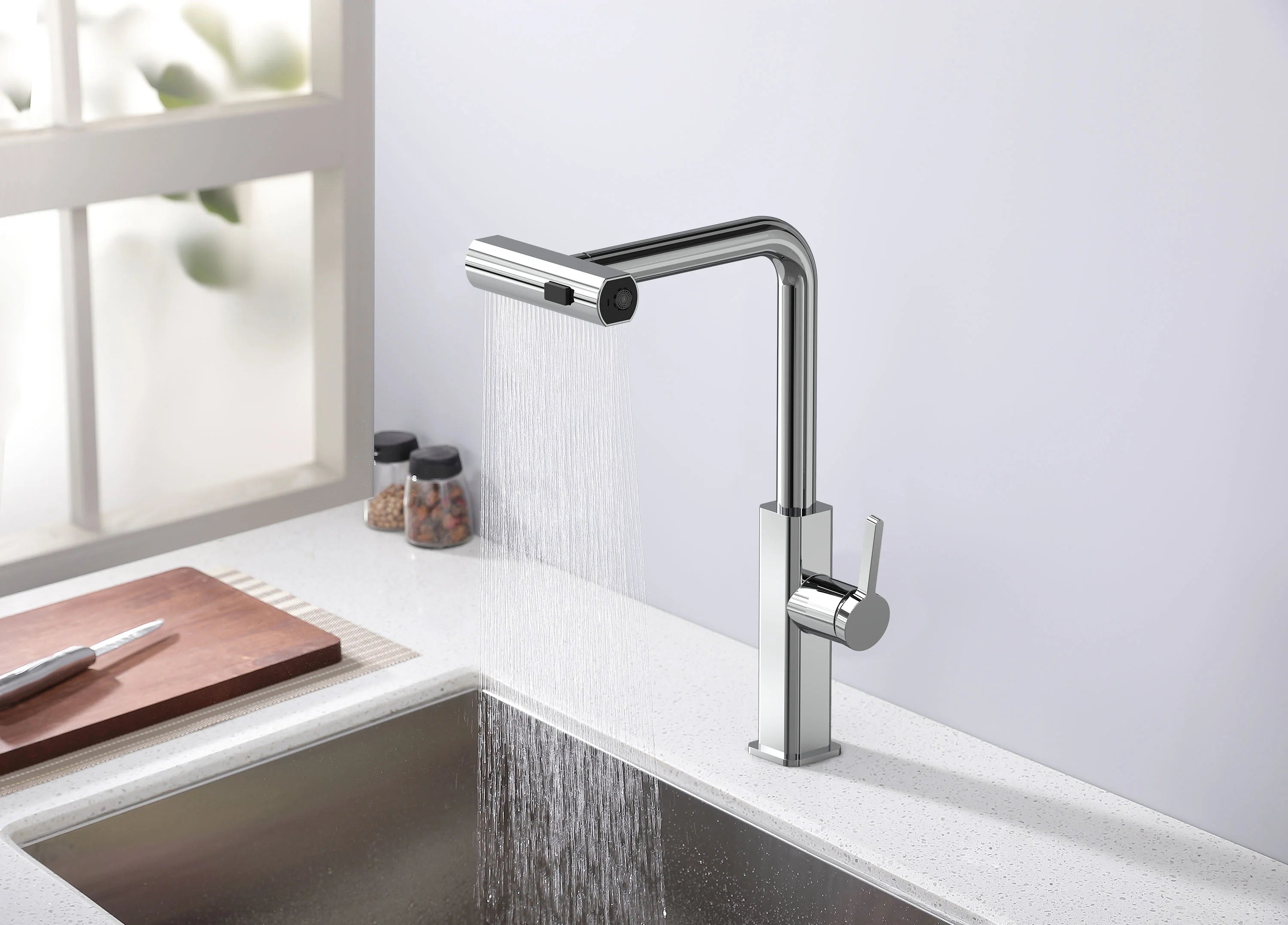 Robinet de cuisine Louvart avec bec pivotable et rétractable 3 jets