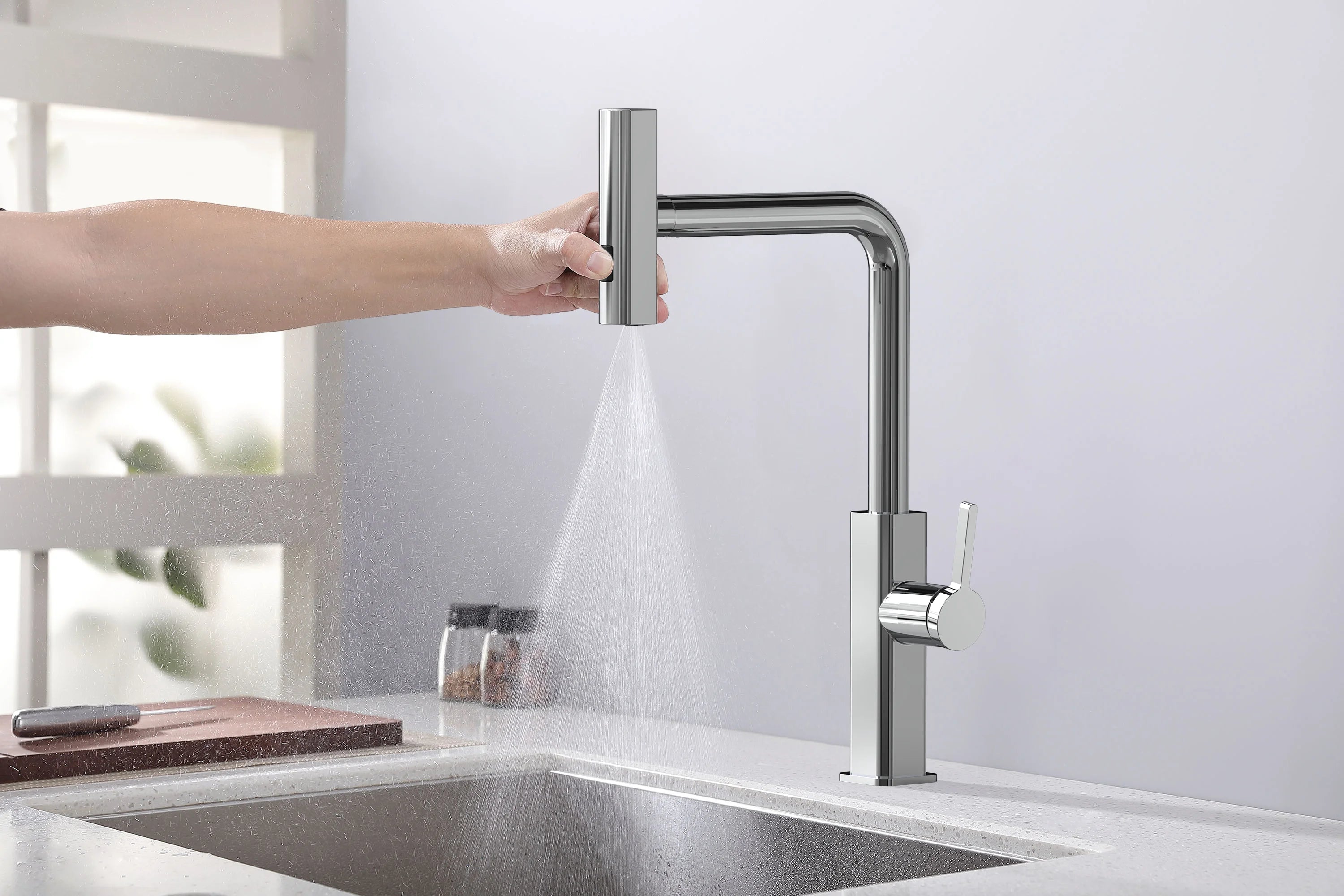 Robinet de cuisine Louvart avec bec pivotable et rétractable 3 jets