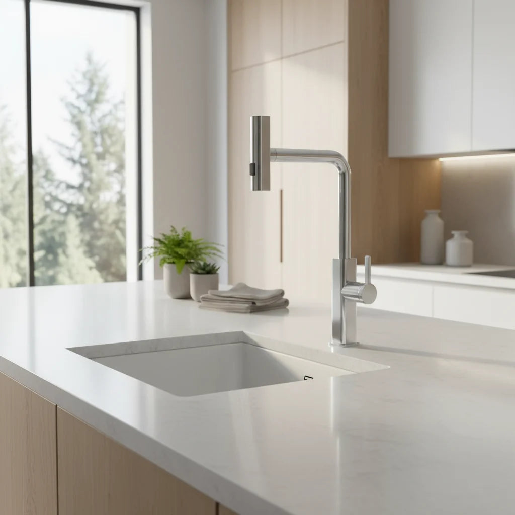 Robinet de cuisine Louvart avec bec pivotable et rétractable 3 jets