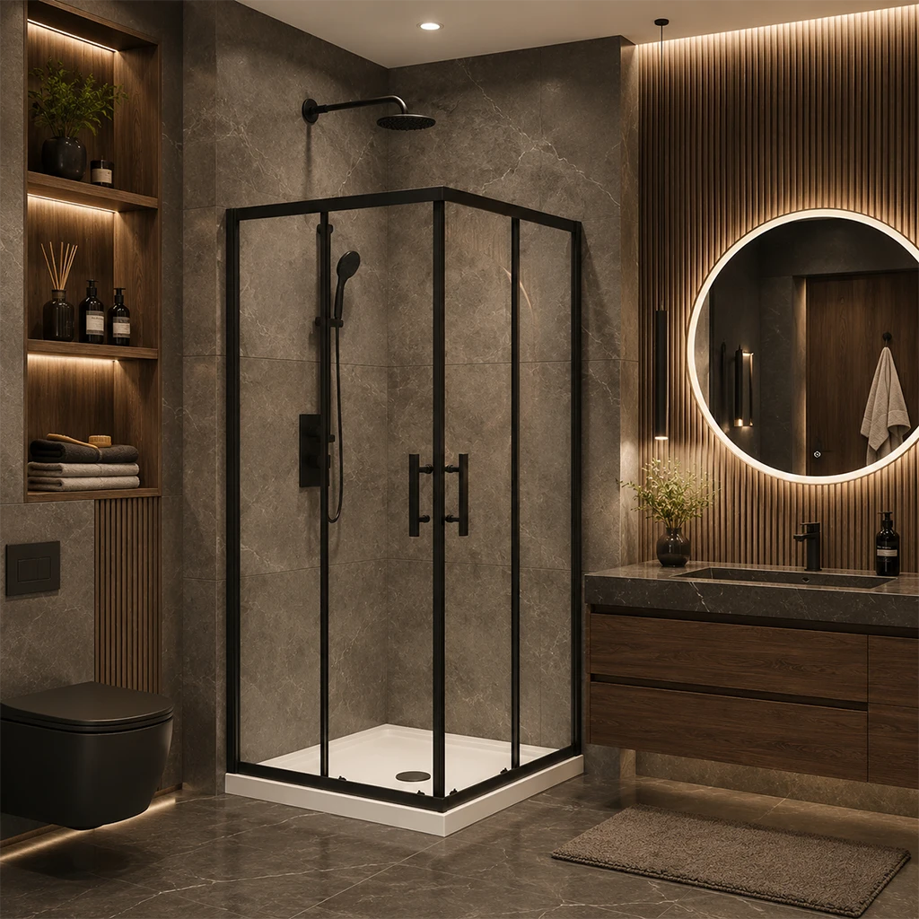 Série Marengo ensemble de douche noir (porte pivotante intérieure, panneau latéral et base)