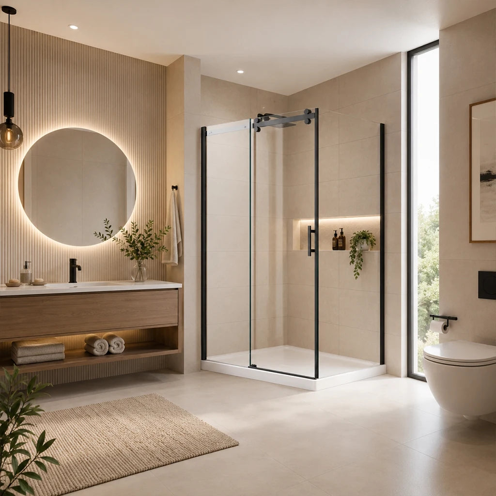Série Niagara ensemble de douche noir ( porte coulissante, panneau latéral et base )