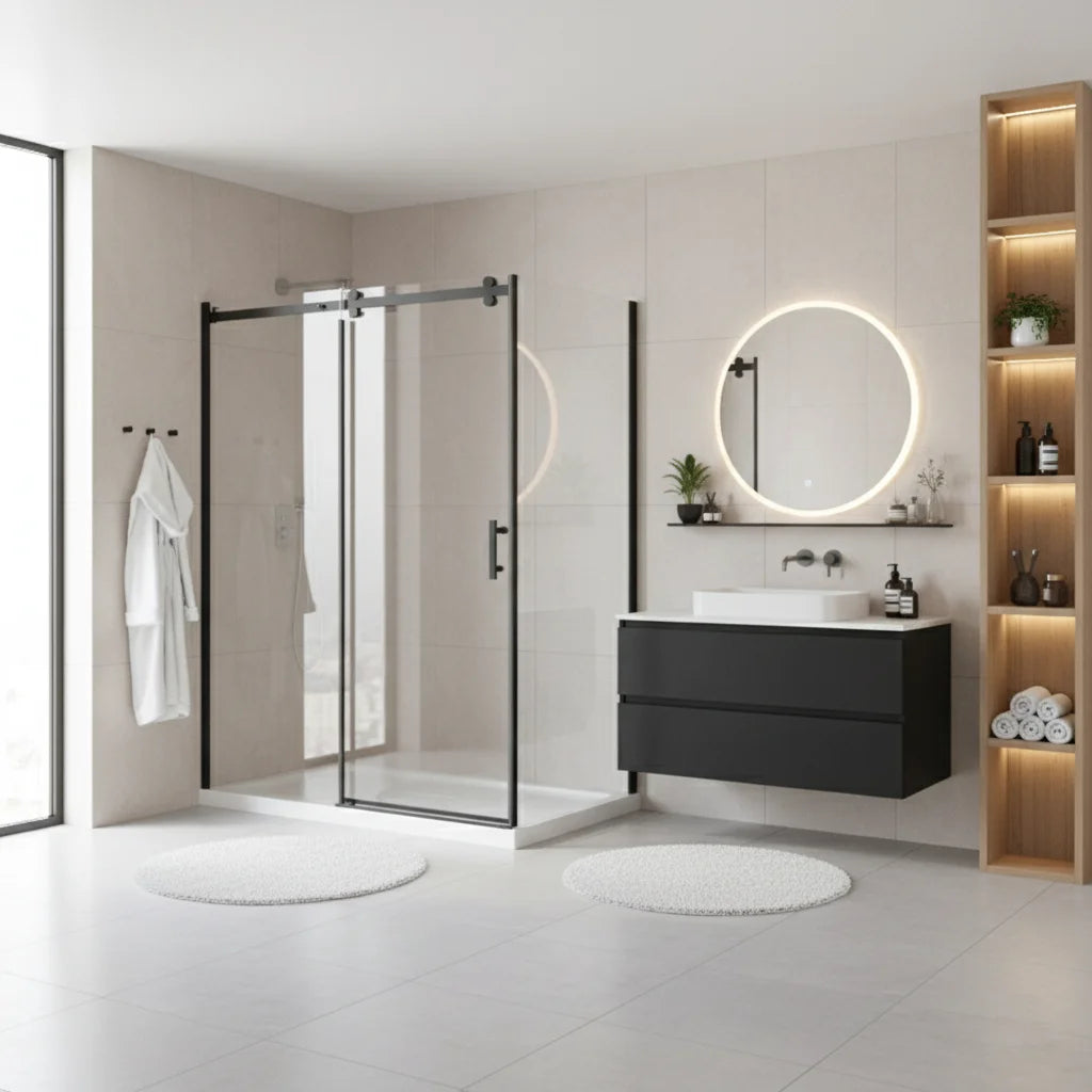 Série Aubrey ensemble de douche noir (porte coulissante, panneau latéral et base)
