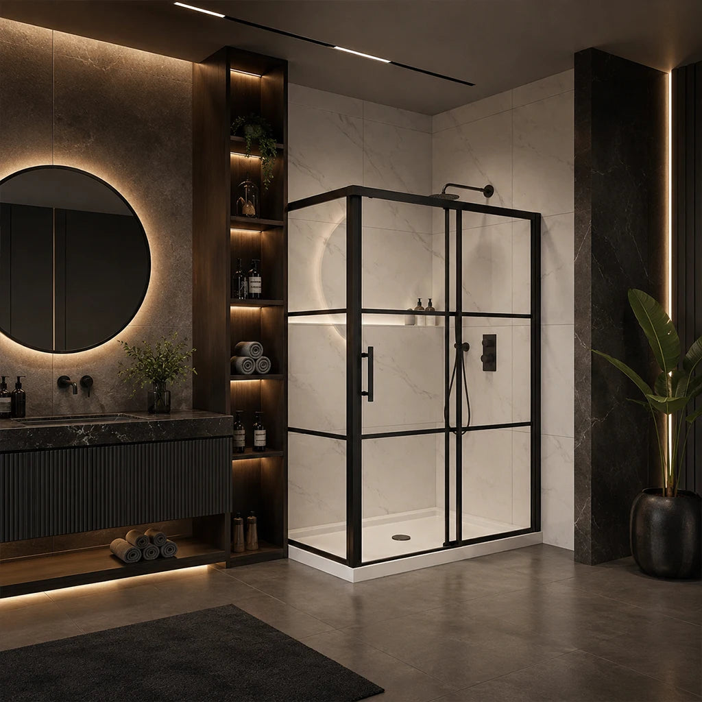 Série Panther ensemble de douche noir (porte coulissante, panneau latéral et base)