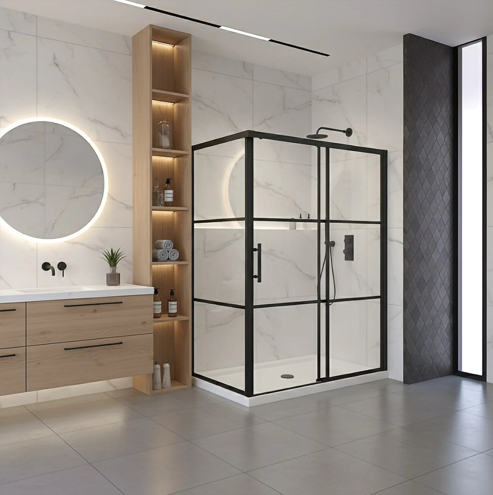 Série Panther ensemble de douche noir (porte coulissante, panneau latéral et base)