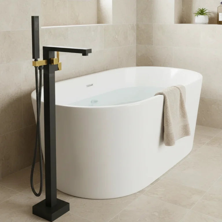 Robinet de bain autoportant De Pontois noir mat avec douchette à main intégrée