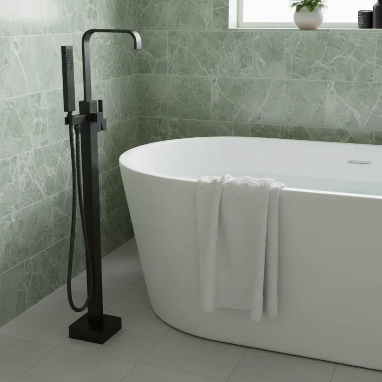 Robinet de bain autoportant Pontax noir mat avec douchette à main intégrée