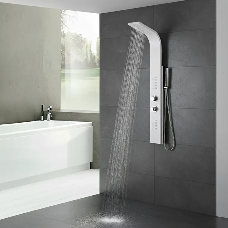 Colonne de douche blanche et miroir avec douchette à main et jets corporels