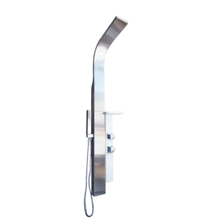 Colonne de douche acier inoxydable et blanche avec douchette à main et jets corporels