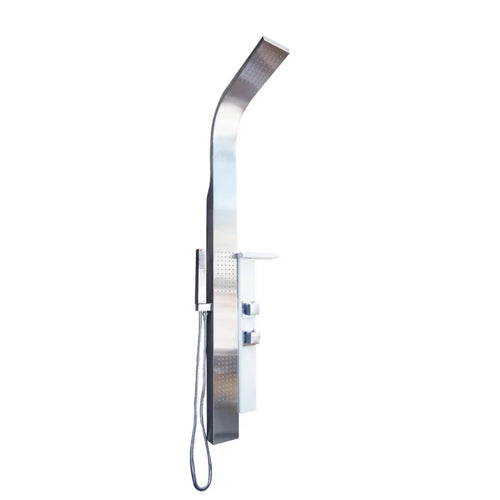 Colonne de douche acier inoxydable et blanche avec douchette à main et jets corporels