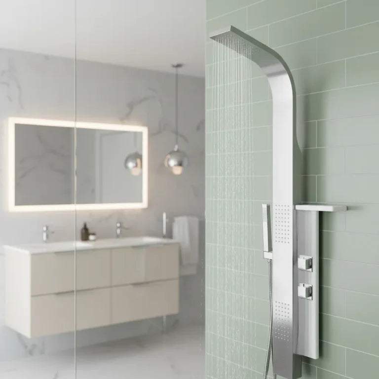 Colonne de douche acier inoxydable et blanche avec douchette à main et jets corporels