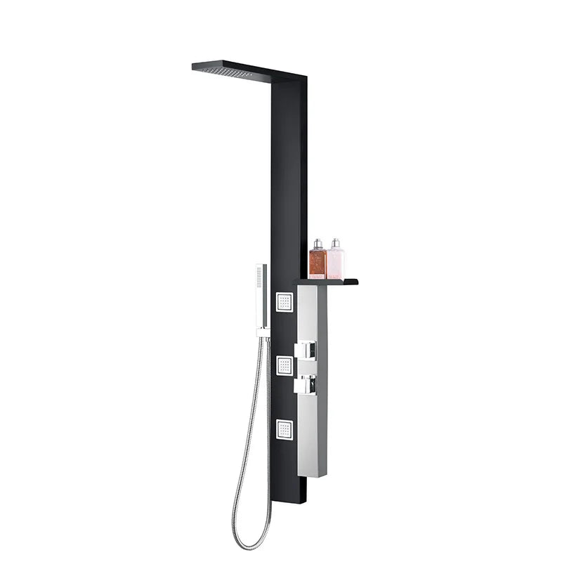 Black and Stainless Steel Shower Panel with Hand Shower and 3 Body Jets