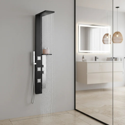 Colonne de douche noire et acier inoxydable avec douchette à main et 3 jets corporels
