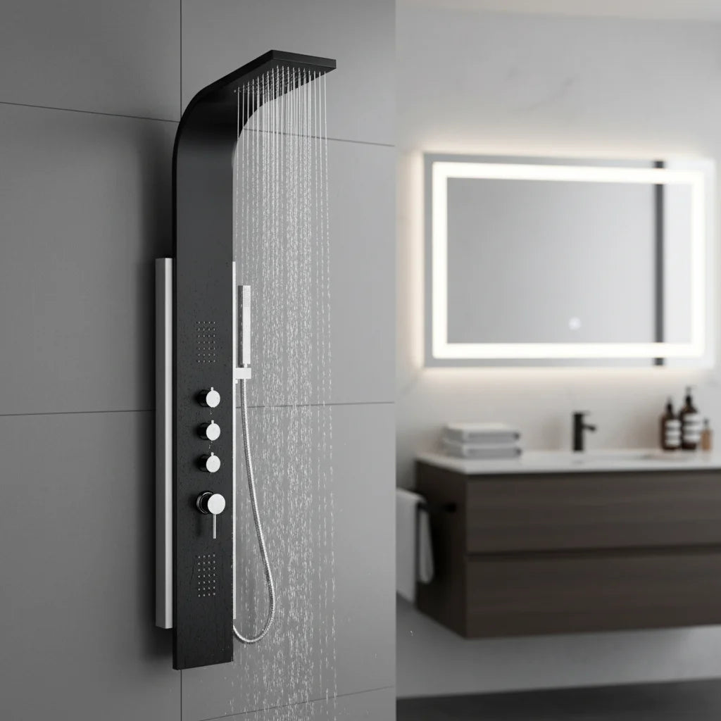 Colonne de douche noire et acier inoxydable brossé avec douchette à main et 2 jets corporels