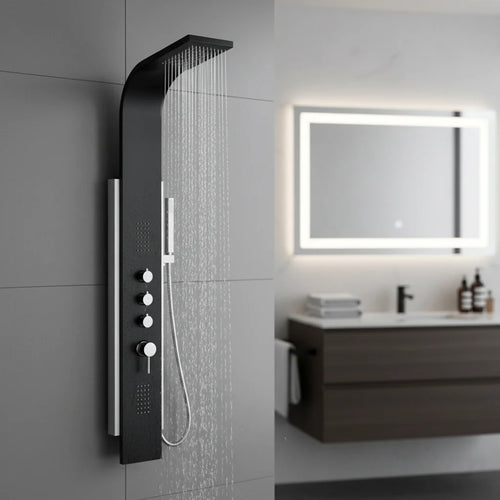 Colonne de douche noire et acier inoxydable brossé avec douchette à main et 2 jets corporels