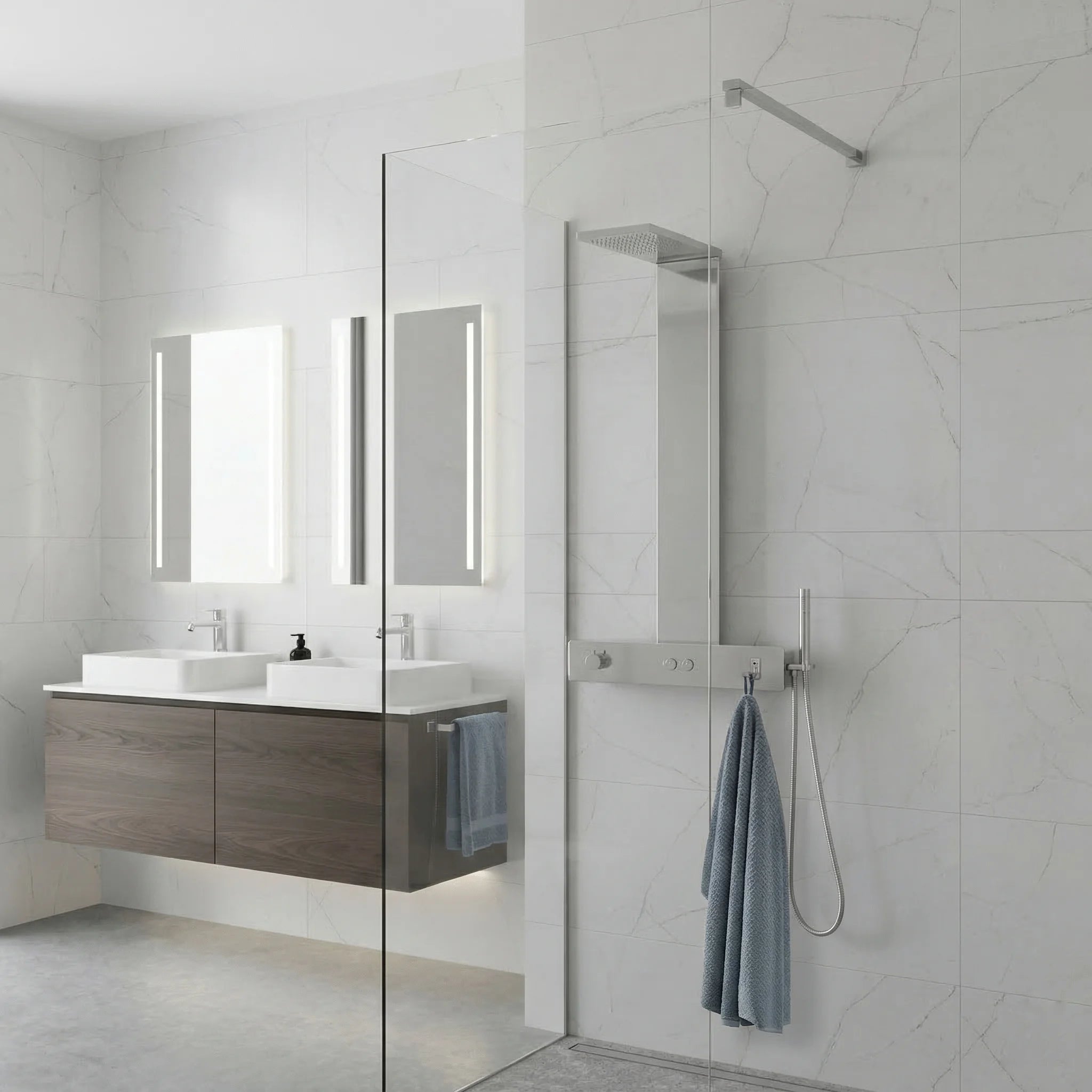 Colonne de douche avec tablette intégrée, douchette à main et valve thermostatique
