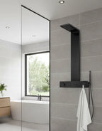Colonne de douche avec tablette intégrée, douchette à main et valve thermostatique