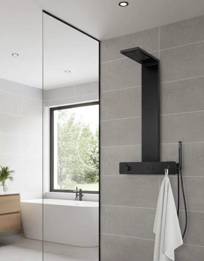 Colonne de douche avec tablette intégrée, douchette à main et valve thermostatique