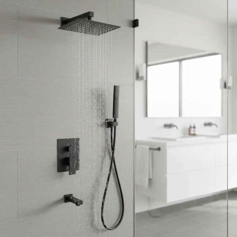 Ensemble de douche pluie avec pomme carrée, douchette à main et bec de bain