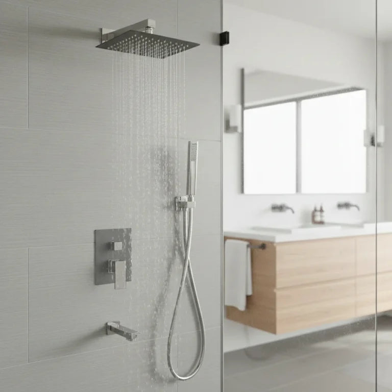 Ensemble de douche pluie avec pomme carrée, douchette à main et bec de bain