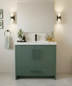Meuble-lavabo moderne vert avec lavabo blanc et robinet noir, design élégant pour salle de bain résidentielle contemporaine.